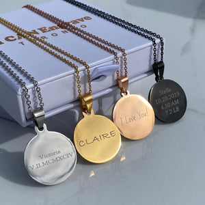 Personalized Disc-Engraved Necklace. Gold, Rose, Silver, Valentine's, Mother's, Father's Day, personalized necklaces