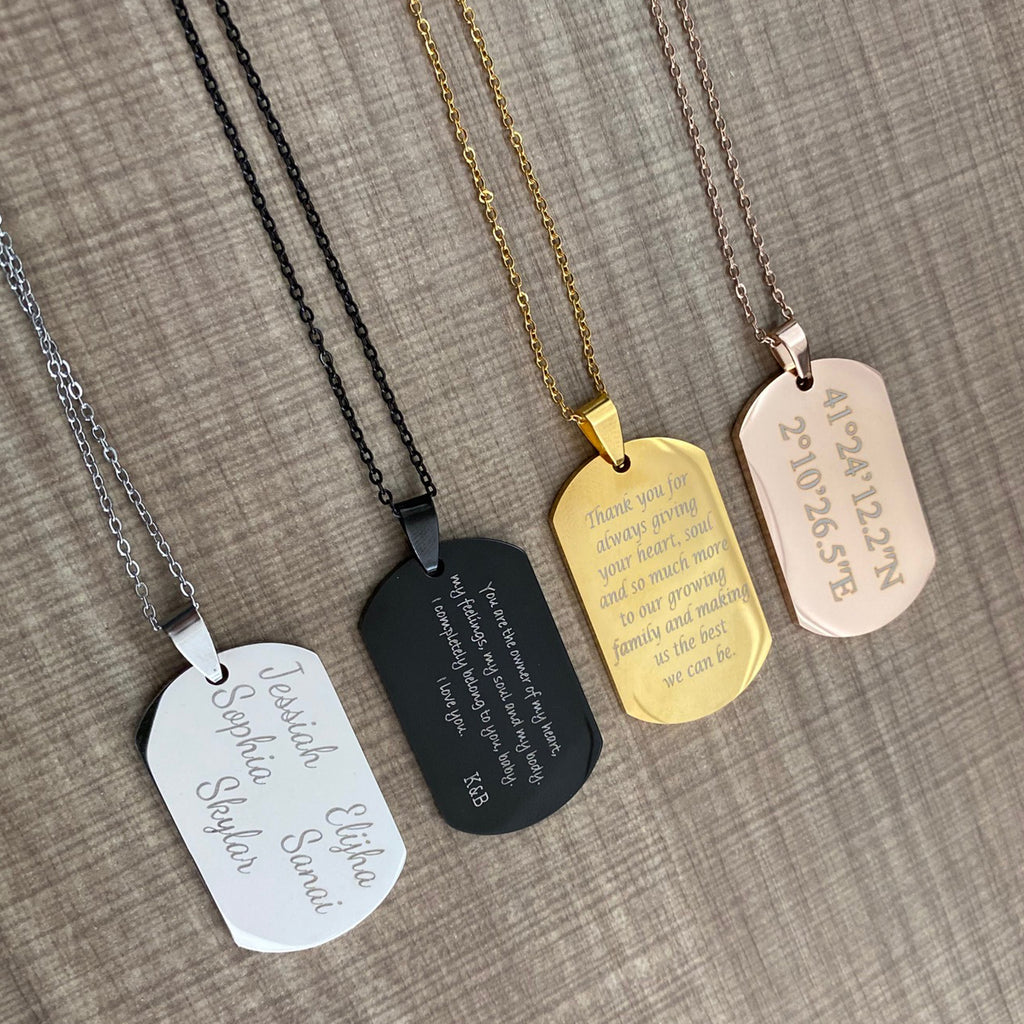 Custom Dog Tag Necklace.✨ Price :¢180. Available in Black Only‼️ •  📍🚫NON-TARNISH/NON FADE🚫 📍Production takes 6-8 business days.✨ ✨ — Own  a… | Instagram